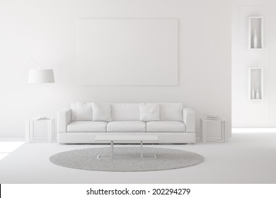 Interior Of Modern Living Room With Carpet And Sofa White Paint