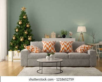 Interior Of Modern Living Room With Christmas Tree 3D Rendering