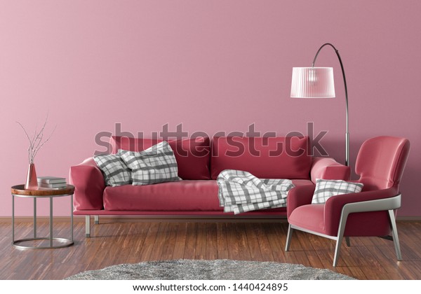 Interior Modern Living Room Pink Wall Stock Illustration 1440424895