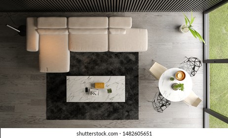 Interior Of Modern Living Room Top View 3D Rendering