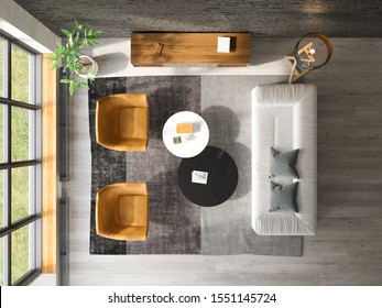 Interior Of Modern Living Room Top View 3D Rendering