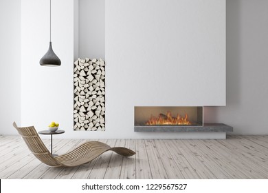Interior of modern living room with white walls, wooden floor, a fireplace and wooden armchair standing near small coffee table. 3d rendering