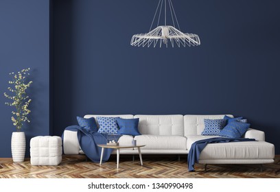 Interior Of Modern Living Room With White Fabric Sofa, Coffee Table And Plant Over Blue Wall 3d Rendering