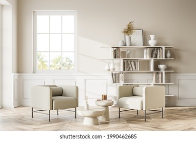 Interior of modern living room with white walls, wooden floor, white armchair, two round coffee tables and bookcase. Window with blurry view. 3d rendering