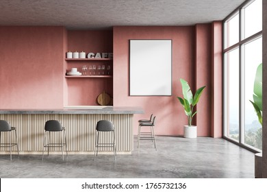 Interior of modern loft style pub with pink walls, concrete floor, wooden bar counter with stools, shelves with dishes and vertical mock up poster. Blurry mountain view. 3d rendering