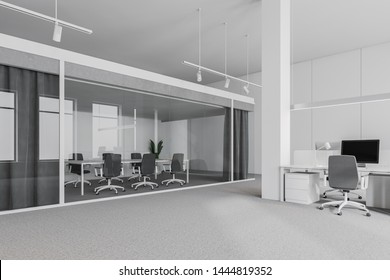 Interior Of Modern Meeting Room Standing In Open Space Office With White And Glass Walls, Carpeted Floor And Long White Conference Table. 3d Rendering