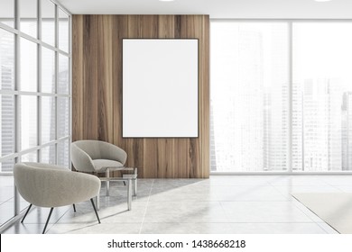 Interior Of Modern Office Waiting Room With Glass And Wooden Walls, Panoramic Window, White Armchairs Near Coffee Table And Vertical Mock Up Poster. 3d Rendering