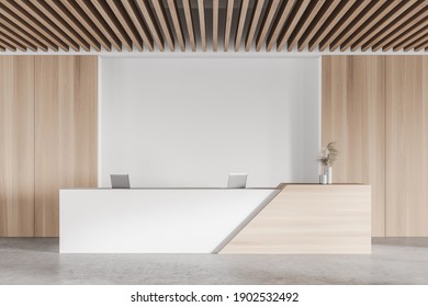 Interior of modern office waiting room with white and wooden walls, concrete floor and reception desk. 3d rendering