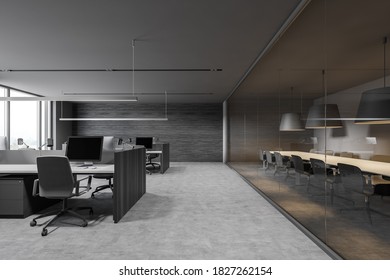 Interior of modern open space office with gray and wooden walls, concrete floor, rows of computer desks and meeting room next to it. 3d rendering