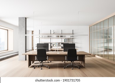 Interior Of Modern Open Space Office With White And Gray Walls, Wooden Floor And Big Computer Tables. 3d Rendering