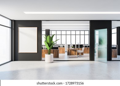 Interior Of Modern Panoramic Office With Black Walls, Tiled Floor, Dark Wooden Cubicles With Computer Tables And File Cabinets. Windows With Blurry Cityscape. Vertical Mock Up Poster. 3d Rendering