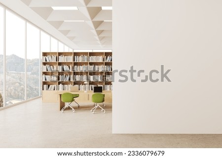Interior of modern public library reading room with white walls, panoramic windows, rows of bookcases and long wooden table with laptops and green chairs. Copy space wall on the right. 3d rendering