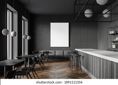 Interior Of Modern Restaurant With Dark Gray Walls, Wooden Floor, Square Tables, Bar Counter And Sofa In The Background. Vertical Mock Up Poster. 3d Rendering