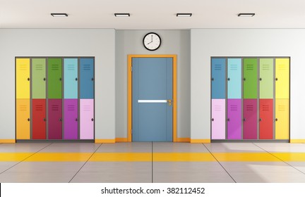 Interior Of A Modern School With Colorful Student Lockers And Door Of A Classroom - 3D Rendering