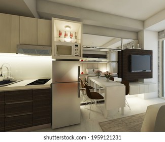 Interior Of Modern Studio Apartment. Using Minimalist Tv Cabinet, Simple Folding Dining Table And Kitchen Counter Cabinet. 3d Rendering, 3d Illustration. 