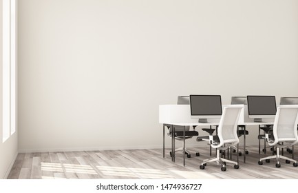 Interior of modern white office with rows of white computer tables with white chairs, wooden floor. 3d rendering