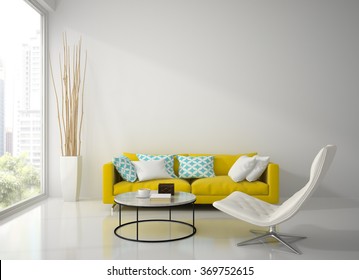 Interior Of Modern White Room With Yellow Sofa  3D Rendering