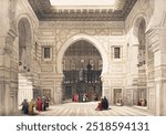 Interior of the mosque of the Sultan the Ghoree illustration by David Roberts (1796–1864). Vintage art egyptian drawing illustration, old egyptian painting art print. Ancient egypt architecture