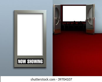 Interior Of A Movie Theater Showing A Blank Movie Poster Frame And A Blank Movie Screen With An Audience