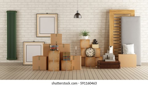 Interior moving house with cardboard boxes,bed and other objects - 3d rendering