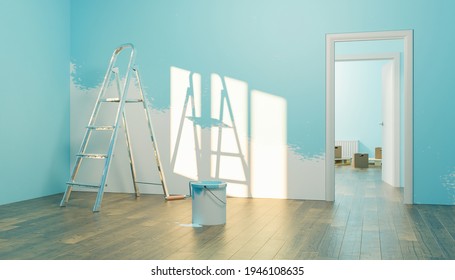 Interior Of A New House With Paint Can And Half Painted Wall With Stairs And Moving Boxes In The Back Room. 3d Rendering