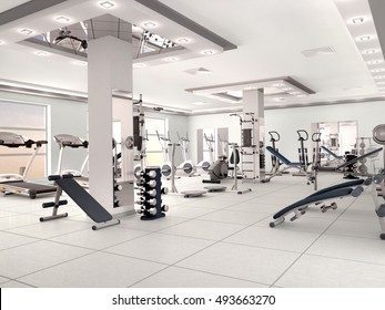 interior of new modern gym with equipment. 3d illustration