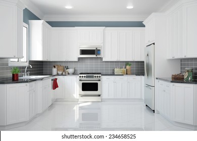 Interior of new white kitchen with kitchenware and clean tiles (3D Rendering)