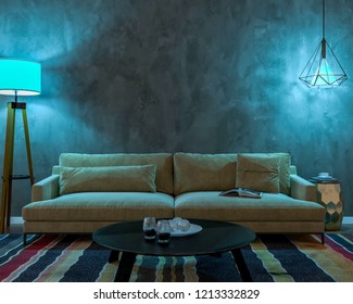 Interior At Night With Two Lamps, A Sofa, A Table, A Carpet And An Empty Wall. The Light Is Blue. 3d Illustration