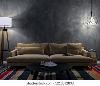 Interior At Night With Two Lamps, A Sofa, A Table, A Carpet And An Empty Wall. The Light Is White.