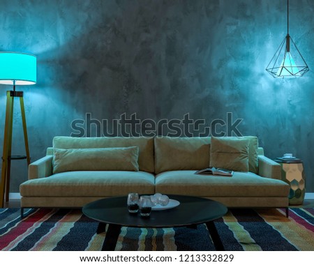 Interior at night with two lamps, a sofa, a table, a carpet and an empty wall. The light is blue. 3d illustration