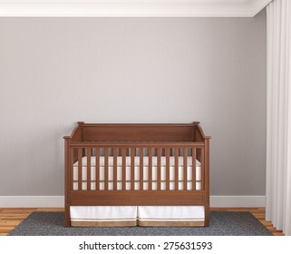 Interior Of Nursery With Wooden Crib Near Empty Gray Wall. Frontal View. 3d Render.