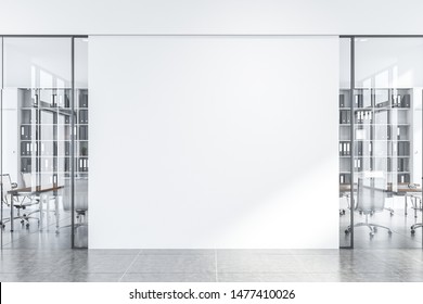 Interior of office hall with white walls and glass door meeting room with long wooden table with white chairs and bookcases with folders. Mock up wall in the center. 3d rendering