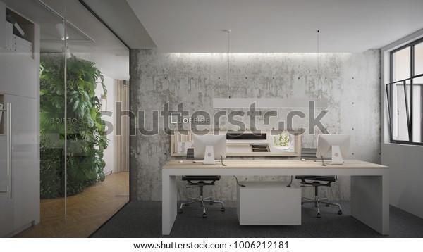 Industrial Style Office Interior With Gray Walls A White Glossy