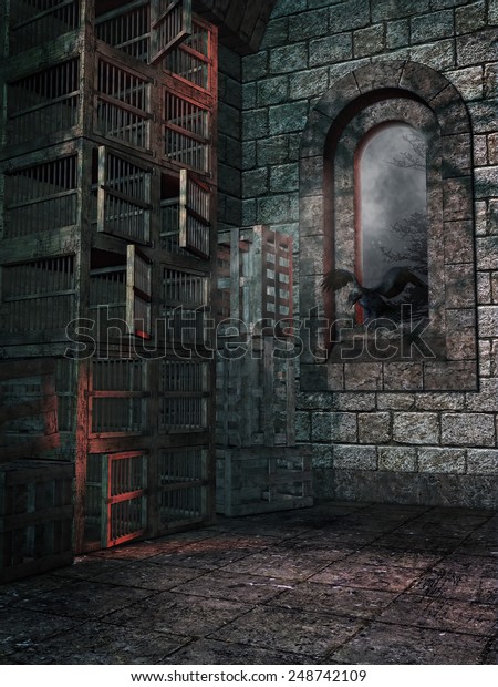 Interior Old Castle Tower Window Cages Stock Illustration