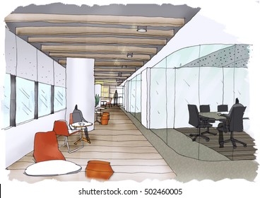 Interior Outline Sketch Drawing Perspective Of A Space  Office,Breakout