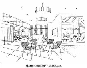  Interior Outline Sketch Drawing Perspective Of A Space Office,Breakout