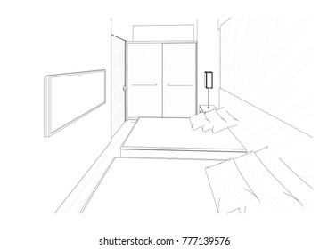 interior outline sketch drawing perspective office of a bedroom 3d renderings - Shutterstock ID 777139576