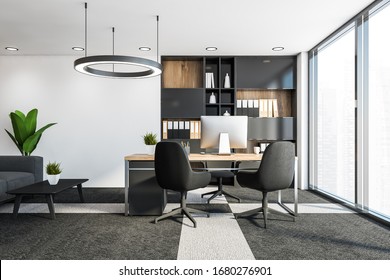 Interior of panoramic CEO office with white walls, carpeted floor, computer table with chairs for visitors, bookcase with folders and lounge area with grey sofa. 3d rendering