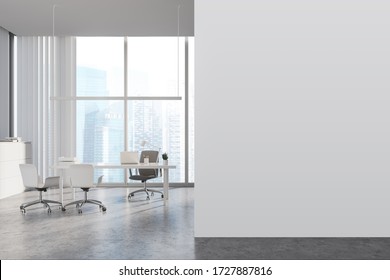 Interior of panoramic CEO office with white walls, concrete floor, white computer table with chairs for visitors and window with blurry cityscape. Mock up wall to the left. 3d rendering