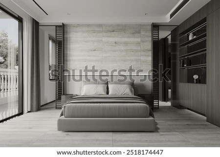 Interior of panoramic master bedroom with gray walls, ceramic marble floor, comfortable king size bed and two square bedside wooden tables with lamps. 3D Rendering