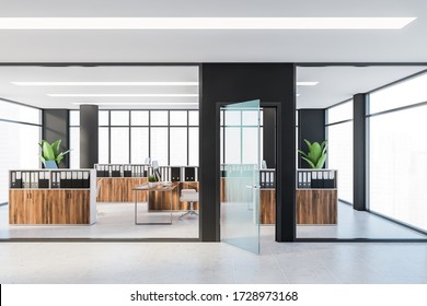 Interior Of Panoramic Office With Black Walls, Tiled Floor, Dark Wooden Cubicles With Computer Tables And File Cabinets. Windows With Blurry Cityscape. 3d Rendering