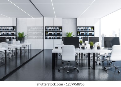Interior of panoramic office with white walls, black floor, white computer tables with white chairs and white bookcases with folders. 3d rendering