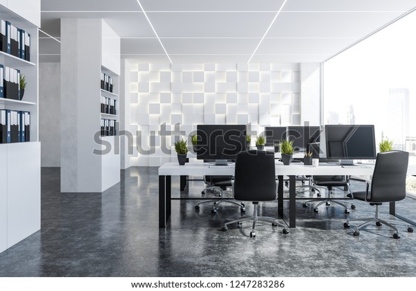 Interior Panoramic Office White Walls Concrete Stock