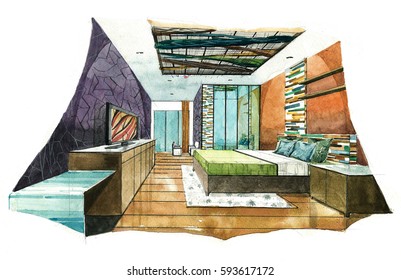 Interior+perspective+living+room+watercolor Images, Stock