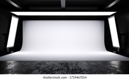 Interior Of Photo Studio Lighting Set Up With White Backdrop In Dark Room, 3D Rendering