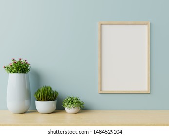 Interior with plants, posters on empty blue wall background ,3D rendering