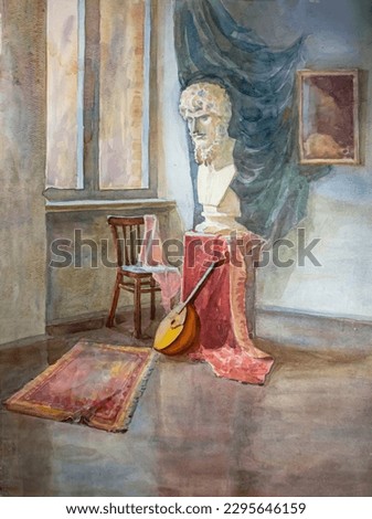 Interior with plaster statue. Interior of school of Fine Arts. Still life watercolor painting. Watercolor artwork.
