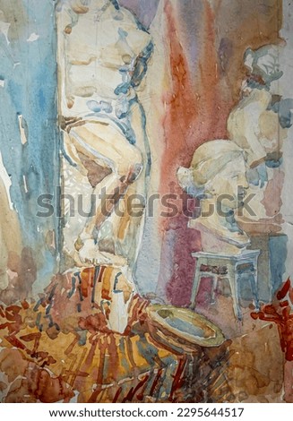 Interior with plaster statues. Interior of the Academy of Fine Arts. Still life watercolor painting. Watercolor artwork.