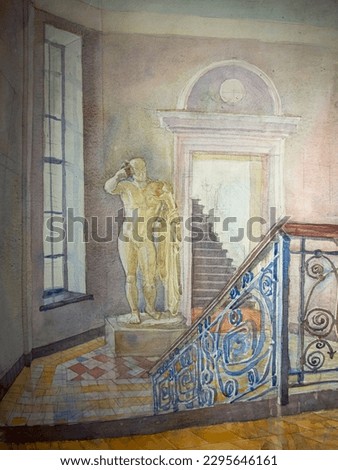 Interior with plaster statues. Interior of the Academy of Fine Arts. Watercolor painting. Watercolor artwork.