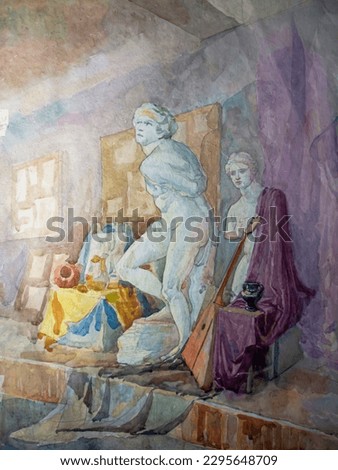 Interior with plaster statues. Interior of the Academy of Fine Arts. Still life watercolor painting. Watercolor artwork.
